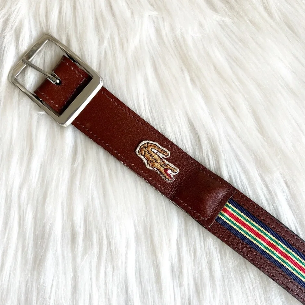 Lacoste Vintage Brown Leather Striped Belt Silver Buckle 1980s 37-38.5 Unisex
